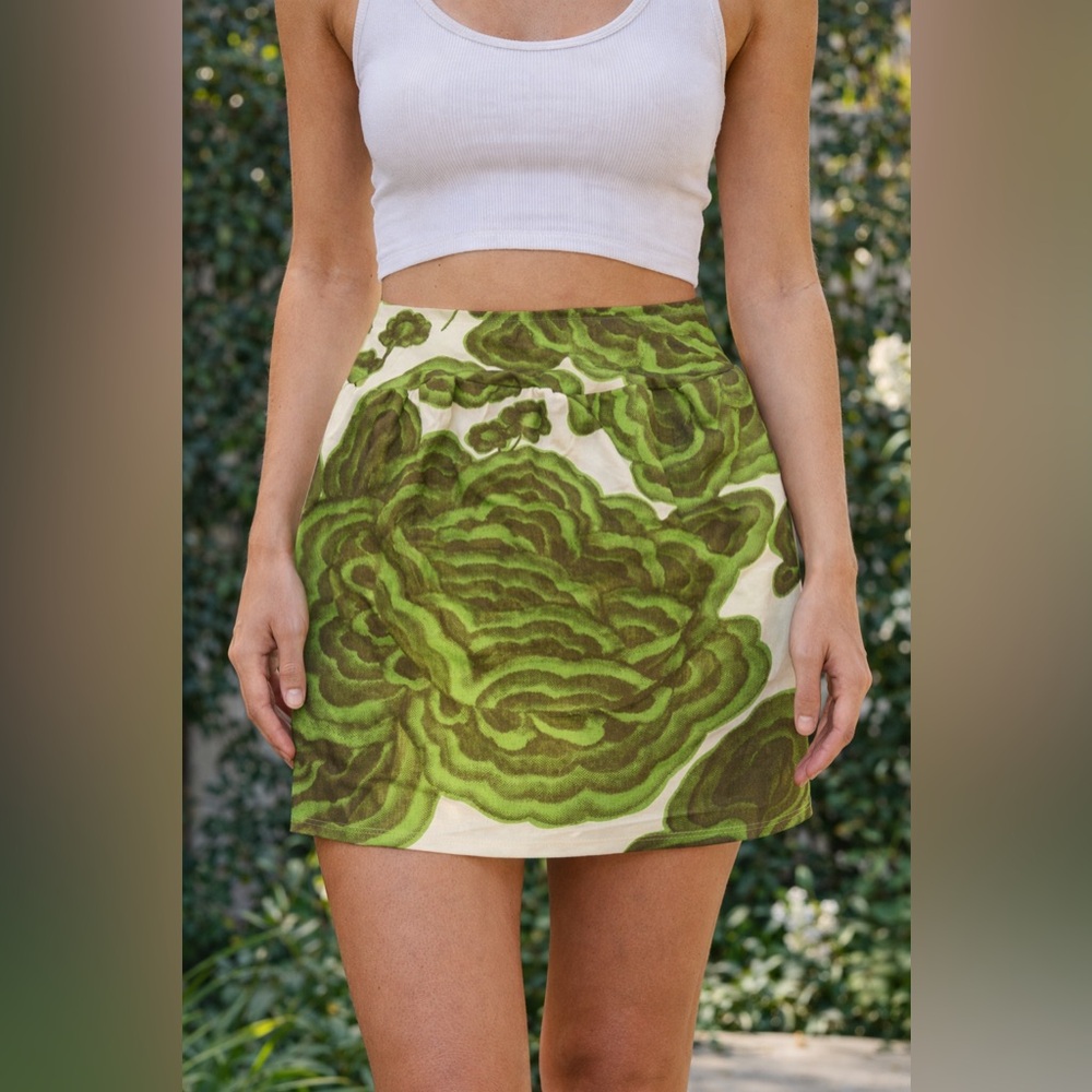 Green Floral Print Mini Skirt